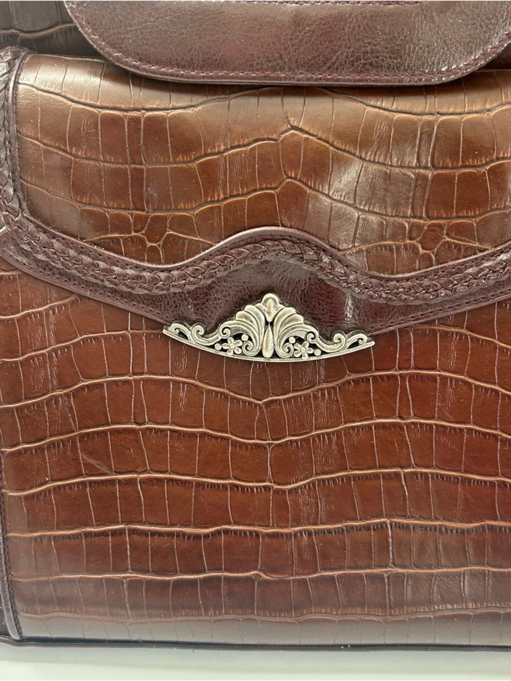 VTG Bueno Croc Embossed Faux Leather Briefcase Tote Shoulder Bag Brown Large